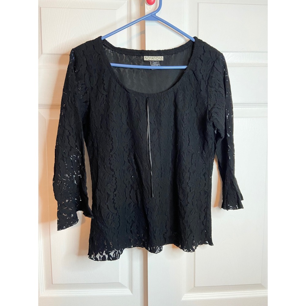 Notations Scoop Neck 3/4 Sleeve Black Lace Top Whimsigoth